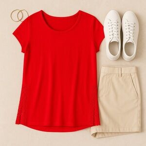 H&M | Red Cap Sleeve Linen Blend Tee with Side Lace Panels